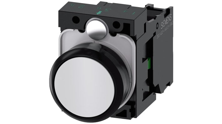Pulsante Siemens SPST rotondo, montaggio a pannello, diametro 22 mm, colore bianco, contatto 1 NA, tensione 500V.