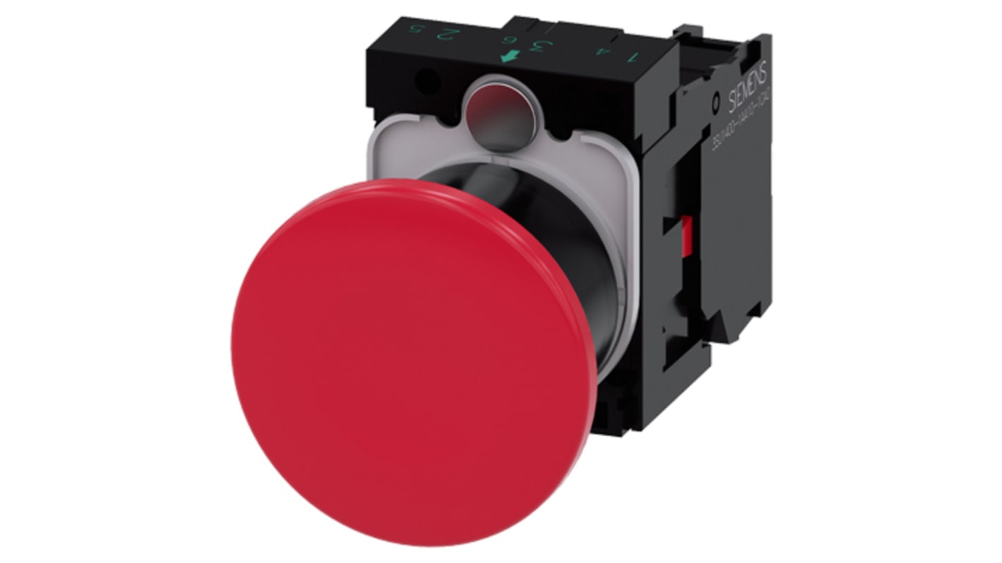 Pulsante Siemens SPST rotondo da 22 mm, montaggio a pannello, colore rosso, meccanismo di sblocco a trazione, 1 NC.