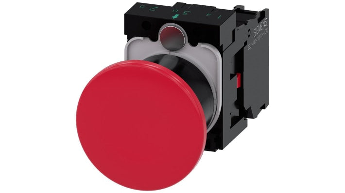 Pulsante Siemens SPST rotondo da 22 mm, montaggio a pannello, colore rosso, meccanismo di sblocco a trazione, 1 NC.