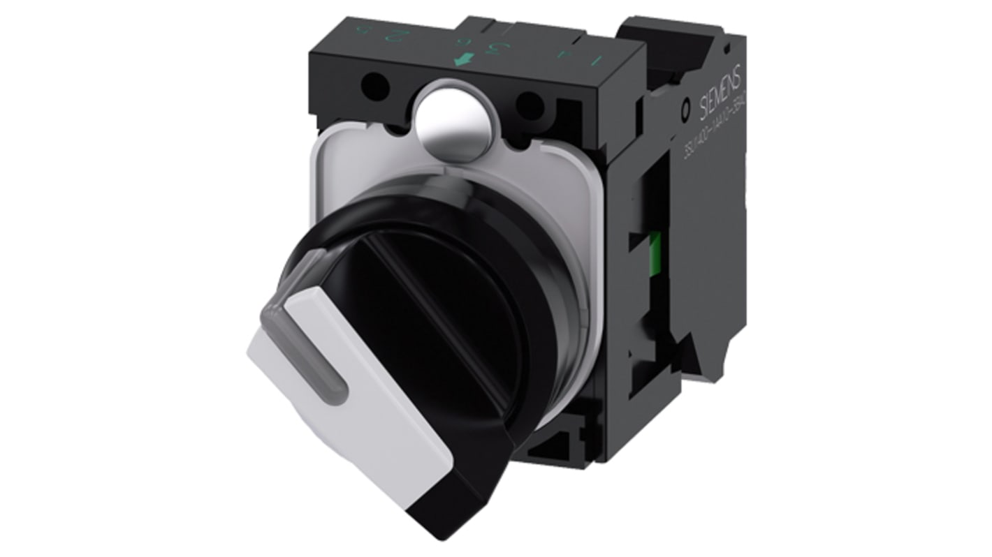 Selettore a 2 posizioni Siemens 3SU1100-2BF60-3BA0, rotondo bianco, diametro foro 22 mm, grado di protezione IP66/IP67/IP69K.