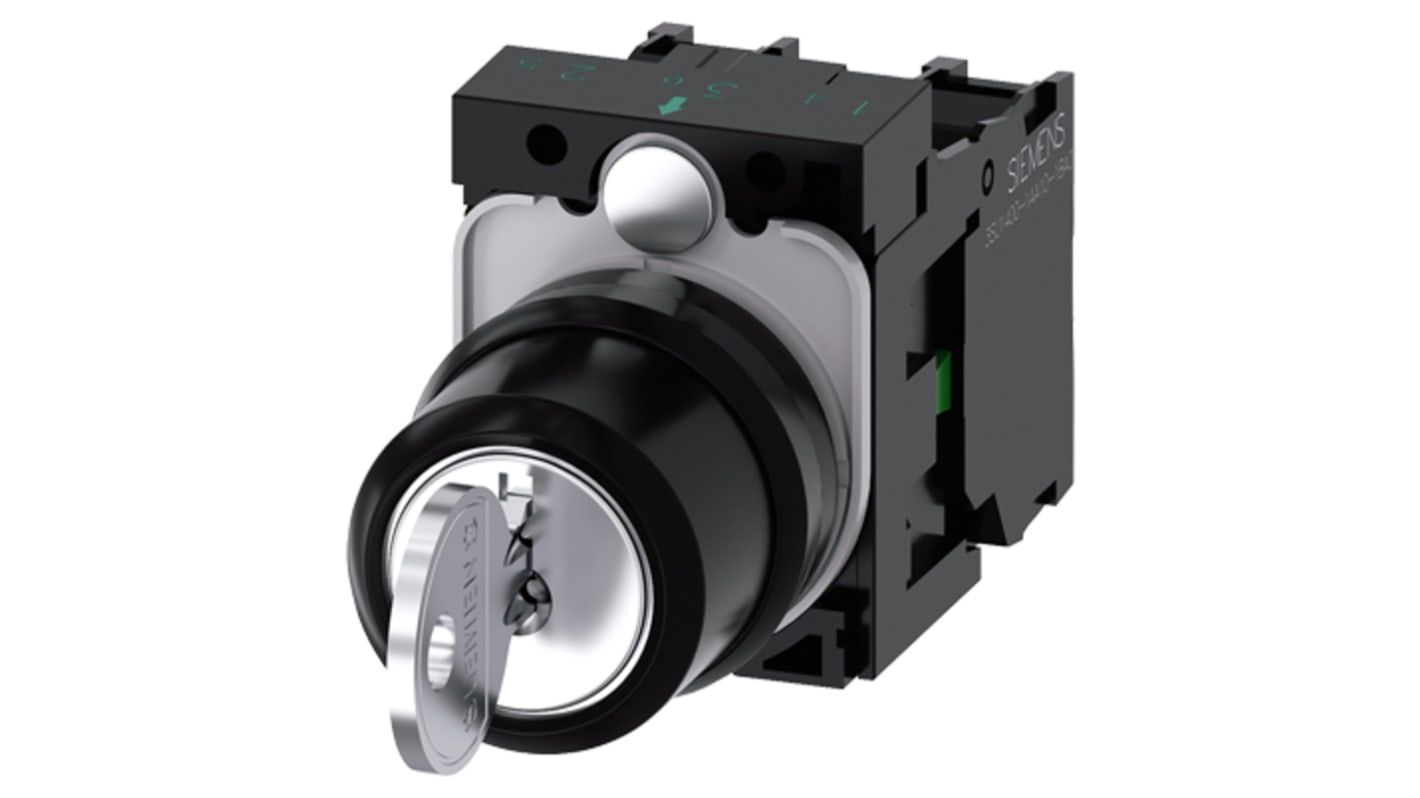 Interruttore a chiave a 3 posizioni Siemens, SPST, IP66/IP67/IP69, dimensioni 49,4 x 29,5 x 49,7 mm, tensione 5-500 V.