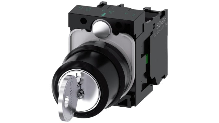 Interruttore a chiave a 3 posizioni Siemens, SPST, IP66/IP67/IP69, dimensioni 49,4 x 29,5 x 49,7 mm, tensione 5-500 V.