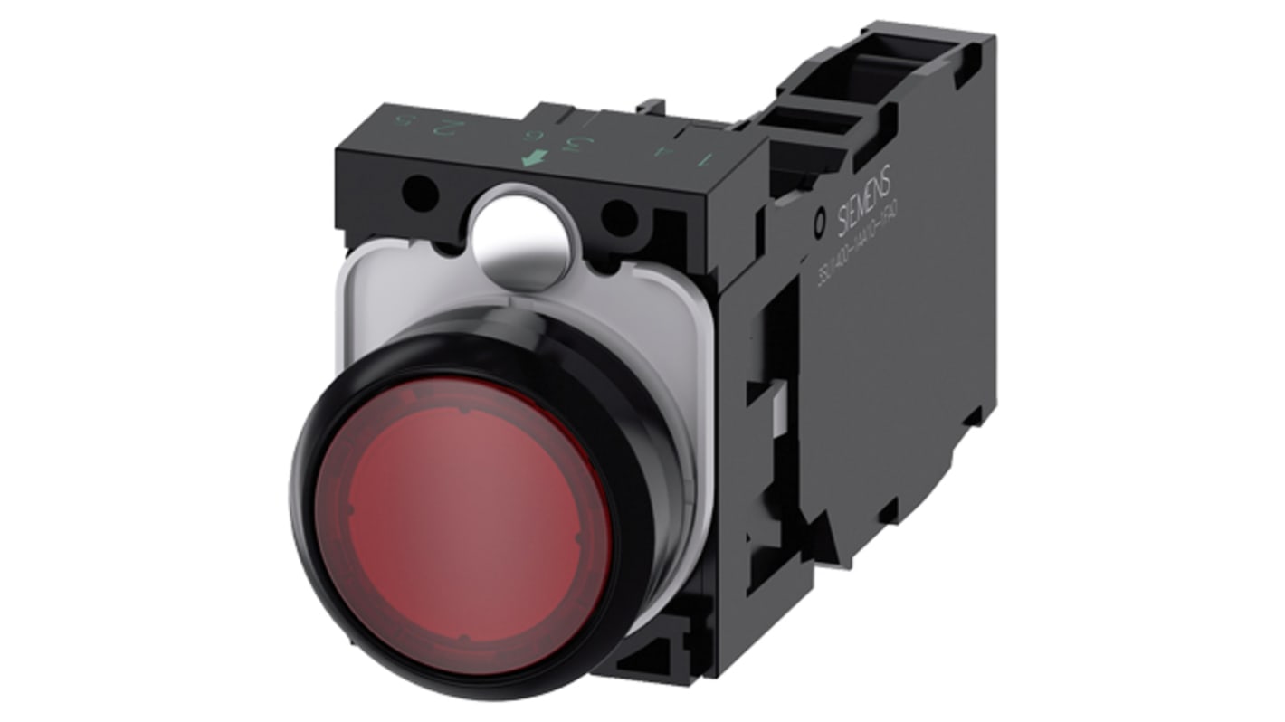 Pulsante luminoso Siemens SPDT, montaggio a pannello, diametro 22 mm, corpo rosso, contatti 1-NO/1-NC, IP66.