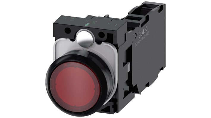 Pulsante luminoso Siemens SPDT, montaggio a pannello, diametro 22 mm, corpo rosso, contatti 1-NO/1-NC, IP66.