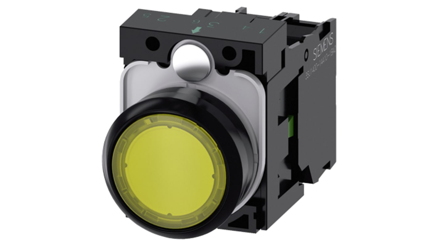 Pulsante Siemens 3SU1102-0AB30-1BA0 rotondo giallo, montaggio a pannello, contatto SPST, diametro 22 mm, LED integrato.