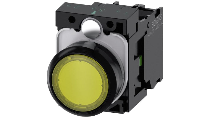 Pulsante Siemens 3SU1102-0AB30-1BA0 rotondo giallo, montaggio a pannello, contatto SPST, diametro 22 mm, LED integrato.