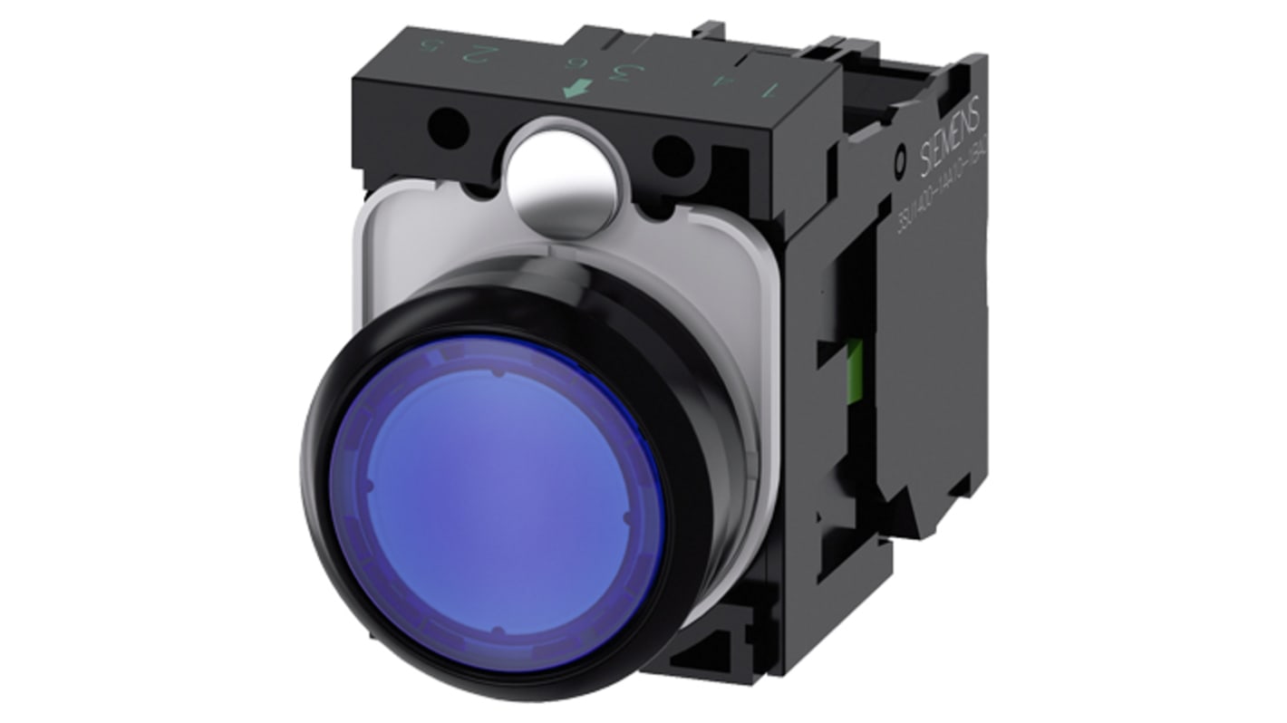 Pulsante luminoso Siemens 3SU1102-0AB50-1BA0, rotondo blu, montaggio a pannello, contatto momentaneo SPST, 24 V, diametro 29.45 mm.
