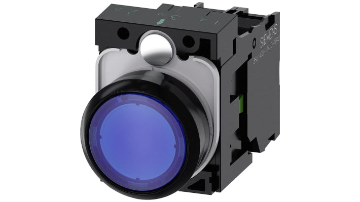 Pulsante luminoso Siemens 3SU1102-0AB50-1BA0, rotondo blu, montaggio a pannello, contatto momentaneo SPST, 24 V, diametro 29.45 mm.