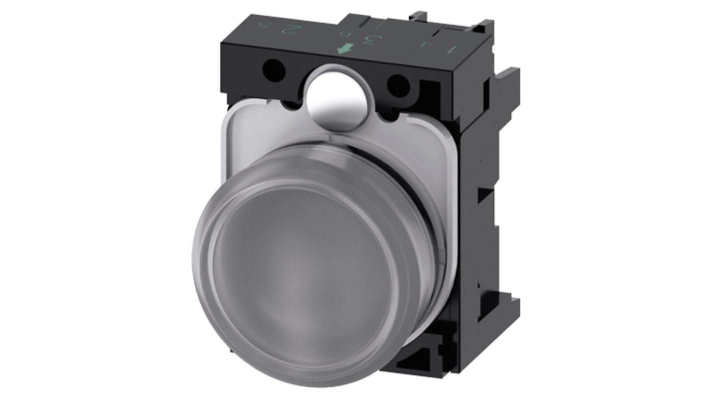 Indicatore LED Siemens 22 mm, montaggio a pannello, 24V, corpo plastico trasparente, grado di protezione IP67.