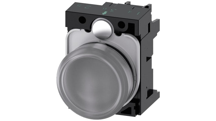 Indicatore LED Siemens 22 mm, montaggio a pannello, 24V, corpo plastico trasparente, grado di protezione IP67.