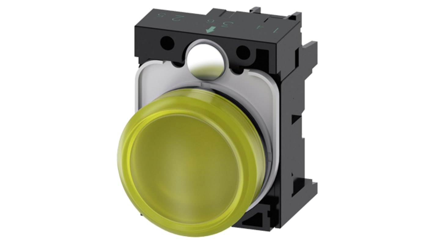 Indicatore LED Siemens, montaggio a pannello, diametro 22 mm, colore giallo, tensione 230 V CA, grado di protezione IP67.