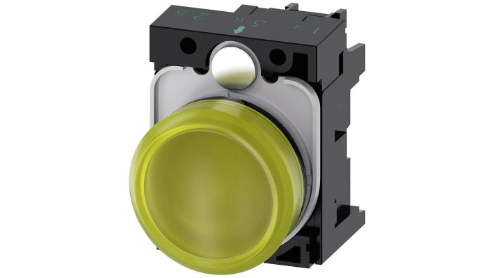 Indicatore LED Siemens, montaggio a pannello, diametro 22 mm, colore giallo, tensione 230 V CA, grado di protezione IP67.