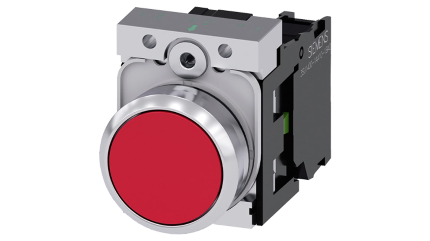 Pulsante rotondo Siemens SPST, montaggio a pannello, diametro 22 mm, colore rosso, contatto 1 NA, corpo metallico.