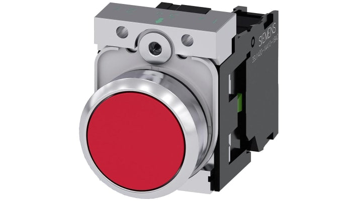 Pulsante rotondo Siemens SPST, montaggio a pannello, diametro 22 mm, colore rosso, contatto 1 NA, corpo metallico.