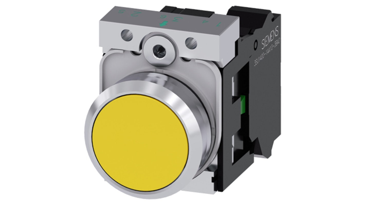 Pulsante SPST Siemens 3SU1150-0AB30-1BA0, rotondo giallo, montaggio a pannello, diametro foratura 22 mm, corpo metallico.