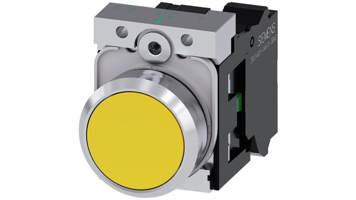 Pulsante SPST Siemens 3SU1150-0AB30-1BA0, rotondo giallo, montaggio a pannello, diametro foratura 22 mm, corpo metallico.