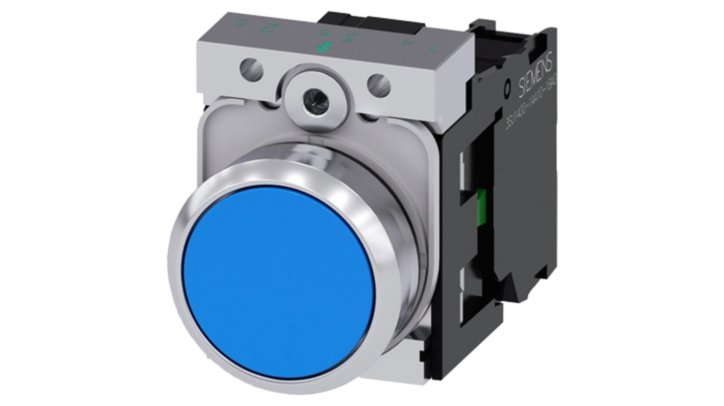 Pulsante rotondo Siemens SPST, montaggio a pannello, diametro 22 mm, colore blu, corpo metallico, temperatura operativa -25°C/+70°C.