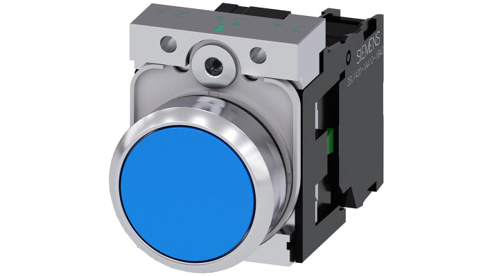 Pulsante rotondo Siemens SPST, montaggio a pannello, diametro 22 mm, colore blu, corpo metallico, temperatura operativa -25°C/+70°C.
