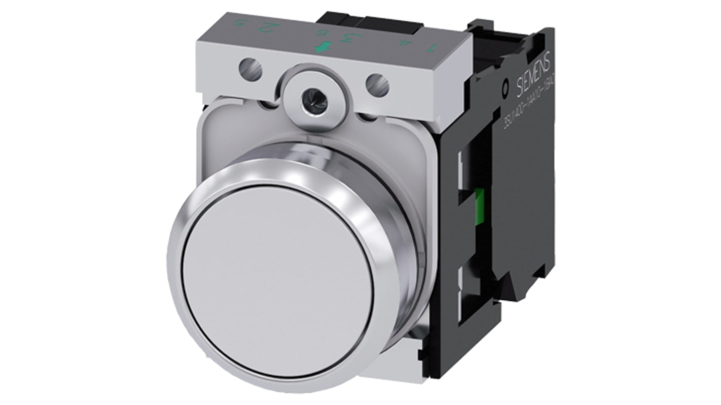 Pulsante Siemens SPST rotondo, montaggio a pannello, diametro 22 mm, colore bianco, corpo metallico, tensione 500V.