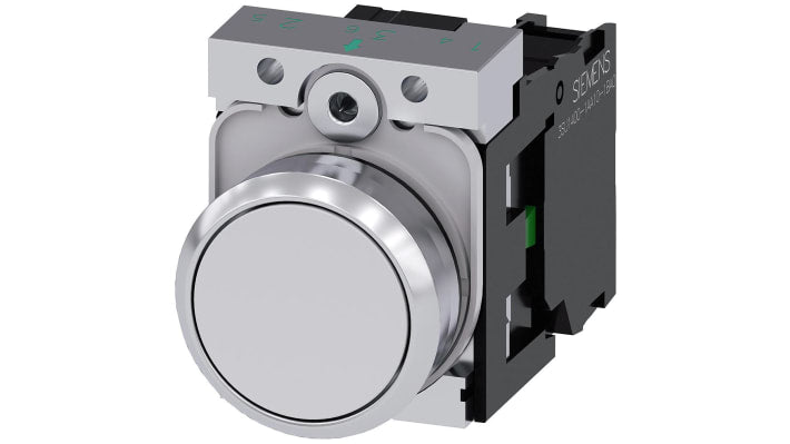 Pulsante Siemens SPST rotondo, montaggio a pannello, diametro 22 mm, colore bianco, corpo metallico, tensione 500V.