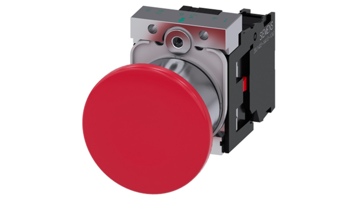 Pulsante Siemens 3SU1150-1BA20-1CA0, rotondo, rosso, montaggio a pannello, 22 mm, contatto SPST, blocco a trazione.