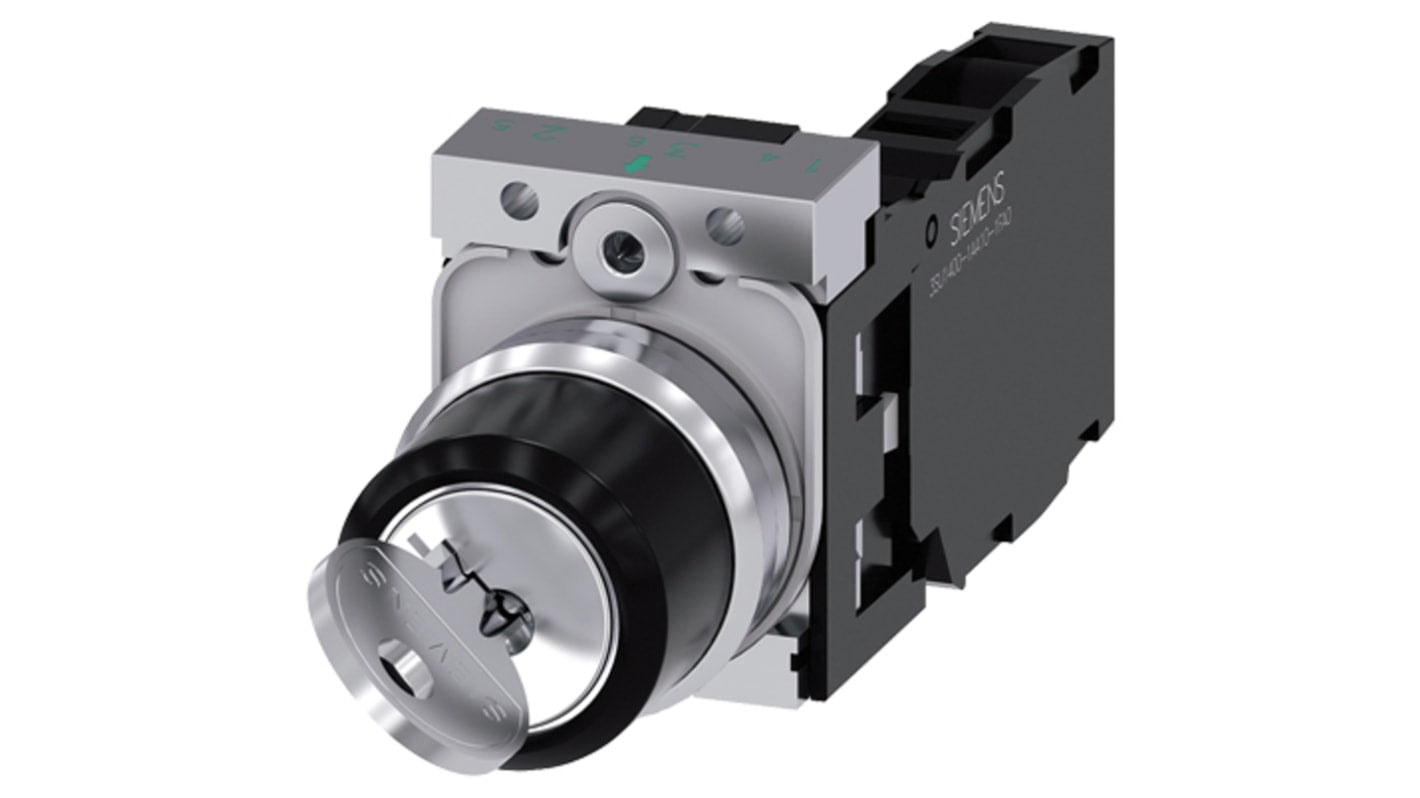 Interruttore a chiave Siemens 3SU1150-4BF11-1FA0, SPDT, 2 posizioni, IP66/IP67/IP69, 90° di azionamento, 1 NA + 1 NC, 22 mm, metallo lucido.