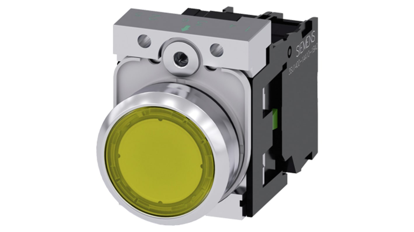Pulsante luminoso Siemens 3SU1152-0AB30-1BA0, rotondo giallo, montaggio a pannello, contatto momentaneo SPST, 24 V.