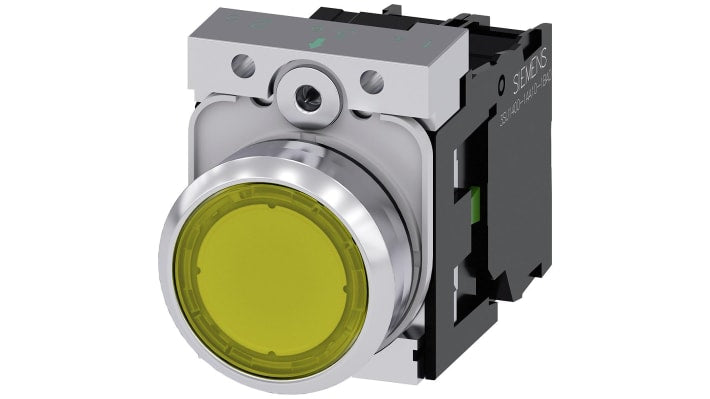Pulsante luminoso Siemens 3SU1152-0AB30-1BA0, rotondo giallo, montaggio a pannello, contatto momentaneo SPST, 24 V.