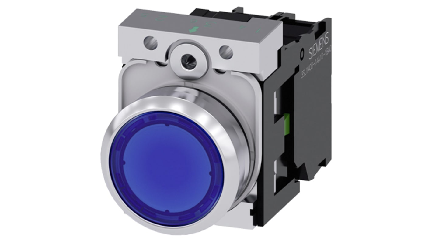 Pulsante luminoso Siemens SPST, montaggio a pannello, diametro 22 mm, blu, con modulo LED integrato, tensione 24 V.