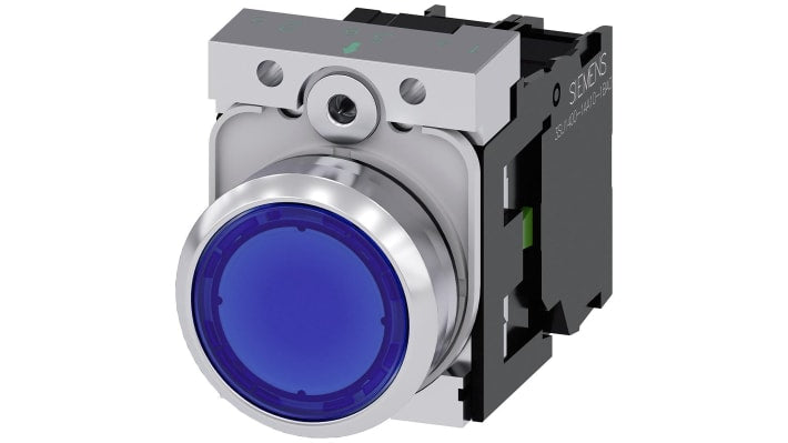 Pulsante luminoso Siemens SPST, montaggio a pannello, diametro 22 mm, blu, con modulo LED integrato, tensione 24 V.