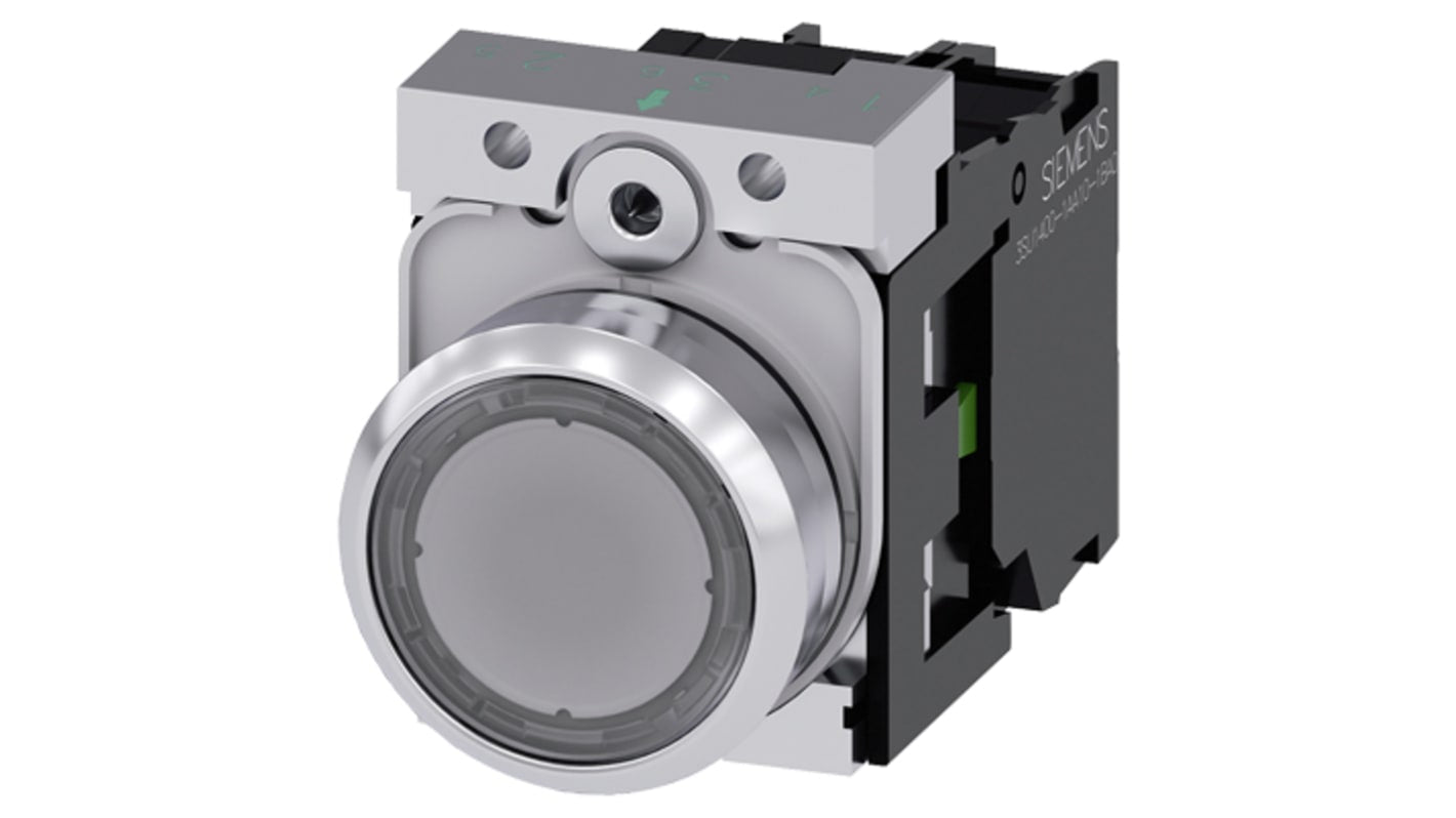 Pulsante luminoso Siemens 3SU1152-0AB701BA0, rotondo 22 mm, montaggio a pannello, contatto SPST, 24 V, corpo metallico.