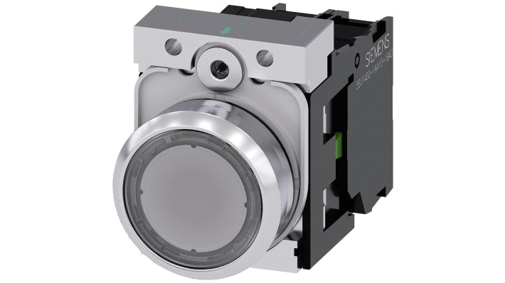 Pulsante luminoso Siemens 3SU1152-0AB701BA0, rotondo 22 mm, montaggio a pannello, contatto SPST, 24 V, corpo metallico.