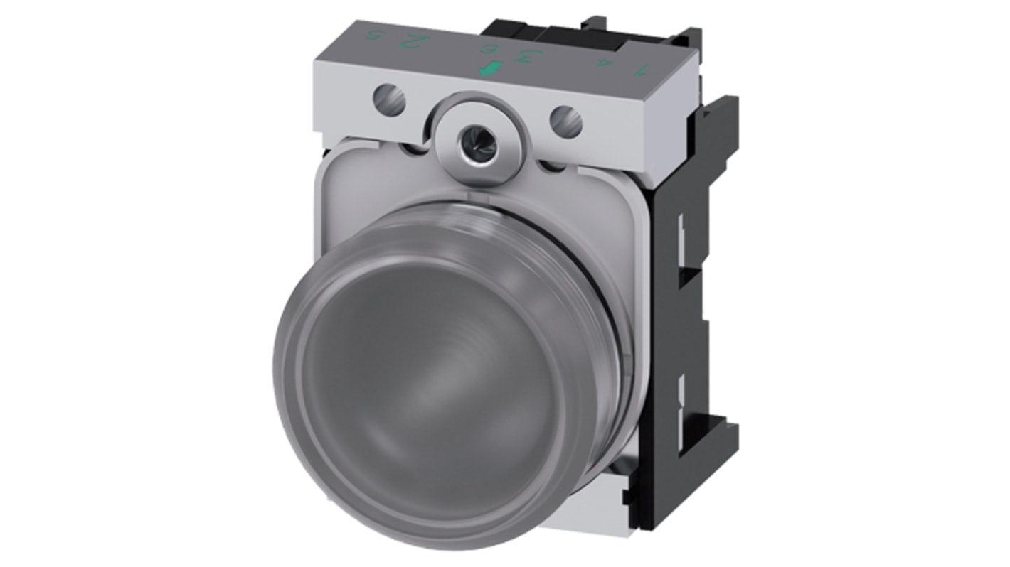 Indicatore LED Siemens, montaggio a pannello, diametro 22 mm, tensione 24V, corpo in plastica trasparente, grado di protezione IP67.