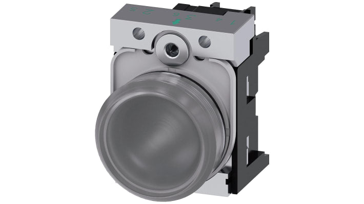 Indicatore LED Siemens, montaggio a pannello, diametro 22 mm, tensione 24V, corpo in plastica trasparente, grado di protezione IP67.