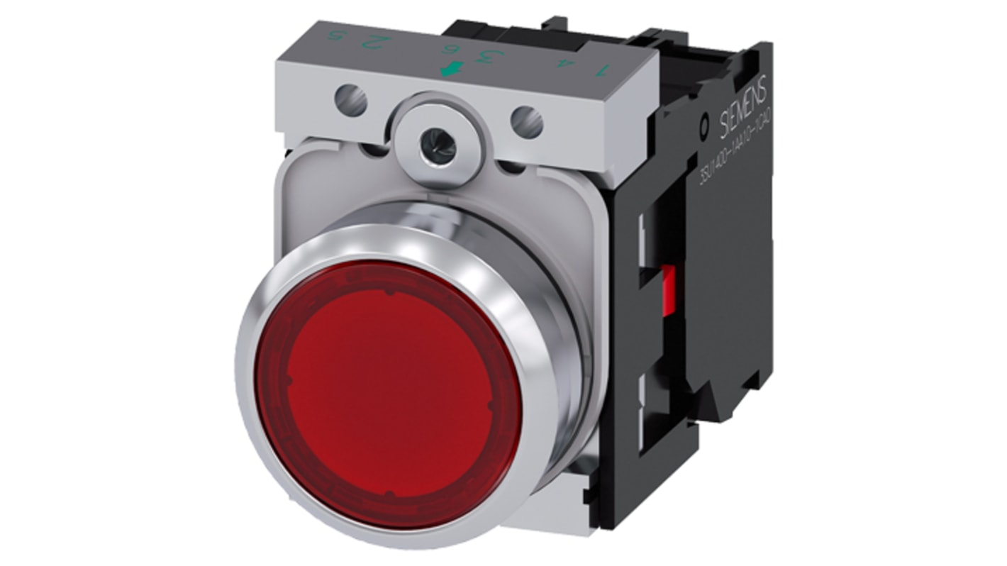 Pulsante luminoso Siemens 3SU1156-0AB20-1CA0, rotondo, rosso, montaggio a pannello, 22 mm, SPST, 230 V CA, corpo metallico.