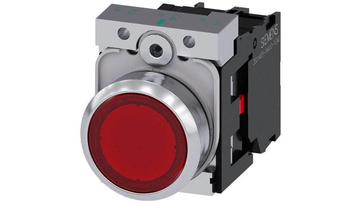Pulsante luminoso Siemens 3SU1156-0AB20-1CA0, rotondo, rosso, montaggio a pannello, 22 mm, SPST, 230 V CA, corpo metallico.