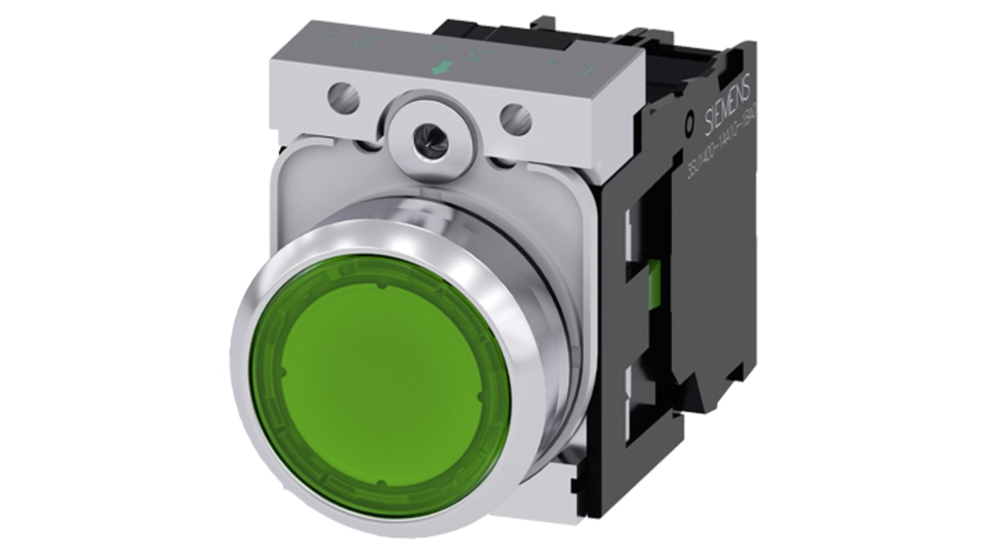 Pulsante luminoso Siemens 3SU1156-0AB40-1BA0, rotondo verde, montaggio a pannello, contatto SPST, diametro 29.45 mm.