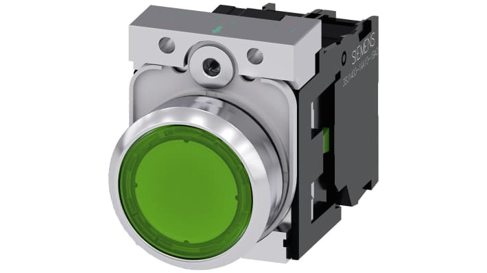 Pulsante luminoso Siemens 3SU1156-0AB40-1BA0, rotondo verde, montaggio a pannello, contatto SPST, diametro 29.45 mm.