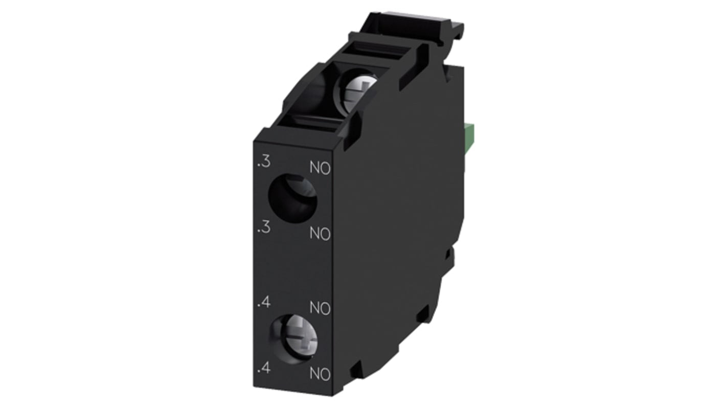 Blocco contatti Siemens 3SU1400-1AA10-1DA0. Modulo 2 NA, morsetto a vite, 500V c.a./c.c. per montaggio su piastra frontale.