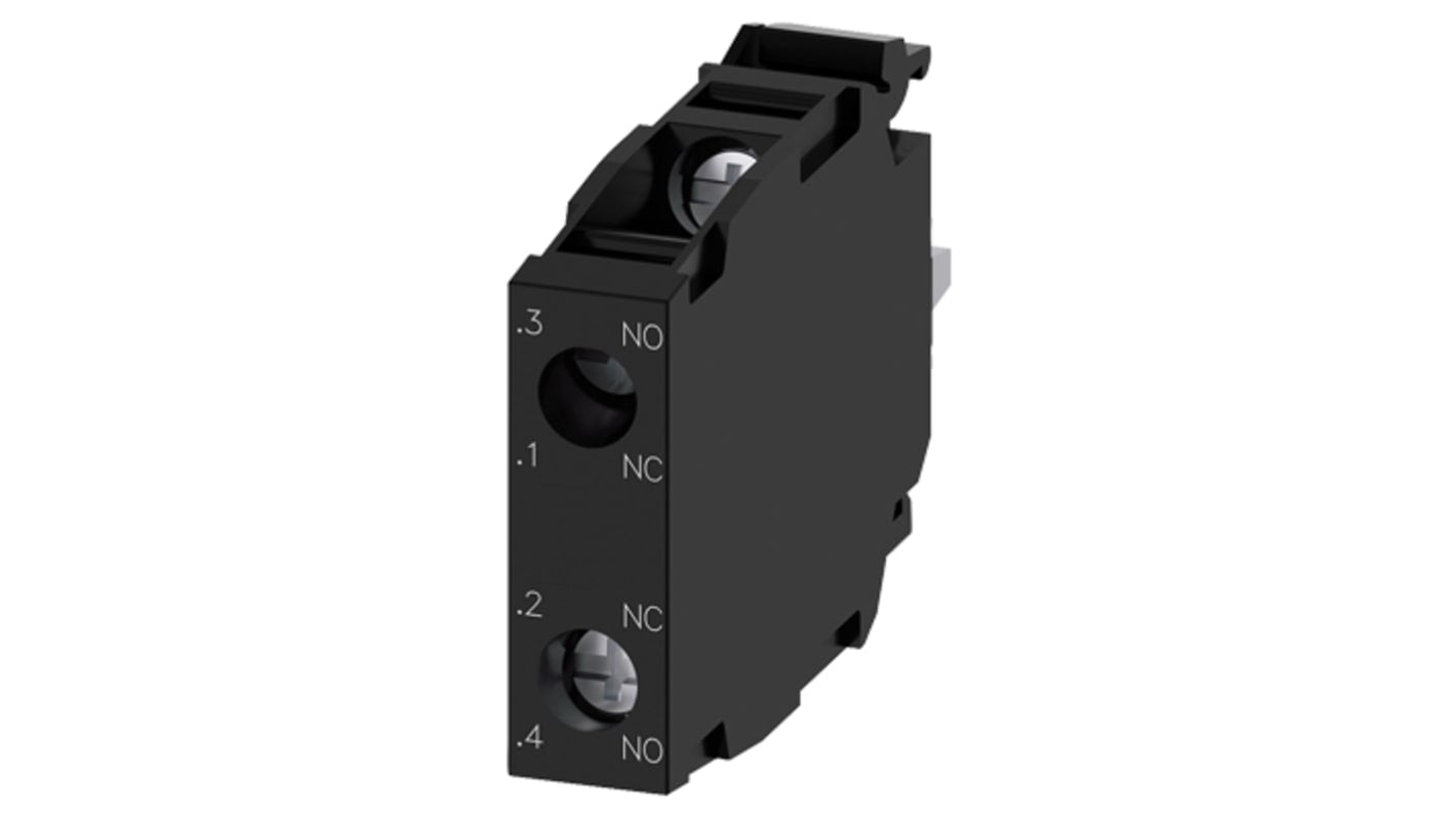 Blocco contatti Siemens 3SU1400-1AA10-1FA0, 1 NO + 1 NC, 500V ca/cc, terminali a vite. Affidabilità con contatti ad azione lenta. Ideale per ambienti industriali.