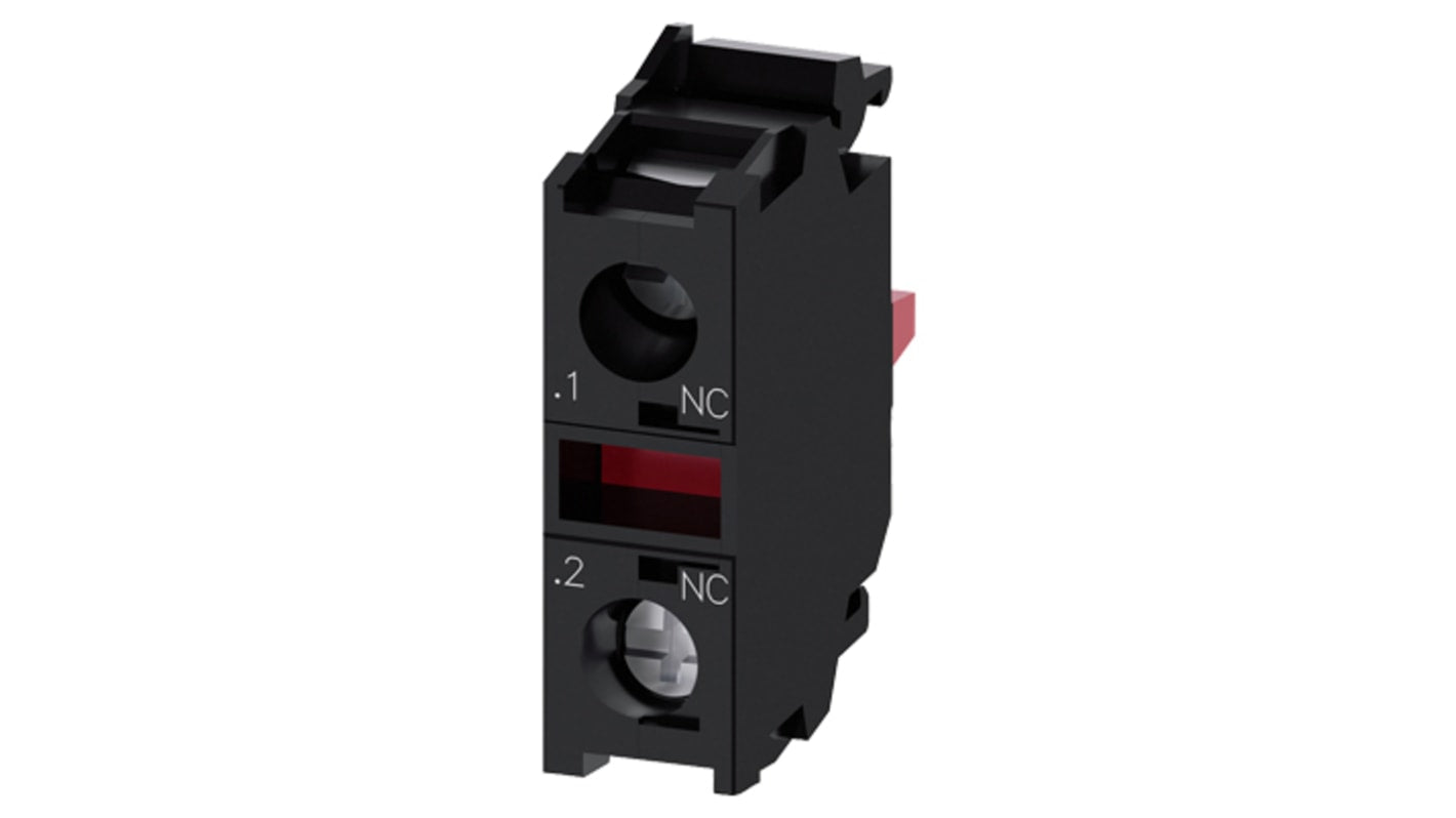 Modulo contatti Siemens 3SU1400-1AA10-1MA0, blocco NC, tensione 500 V, corrente 10 A, montaggio su piastra frontale.