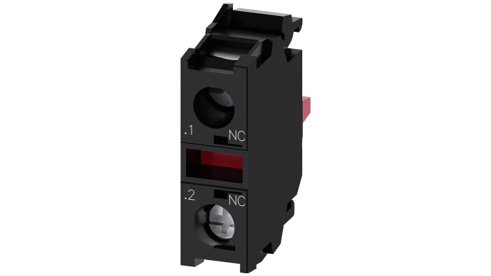 Modulo contatti Siemens 3SU1400-1AA10-1MA0, blocco NC, tensione 500 V, corrente 10 A, montaggio su piastra frontale.