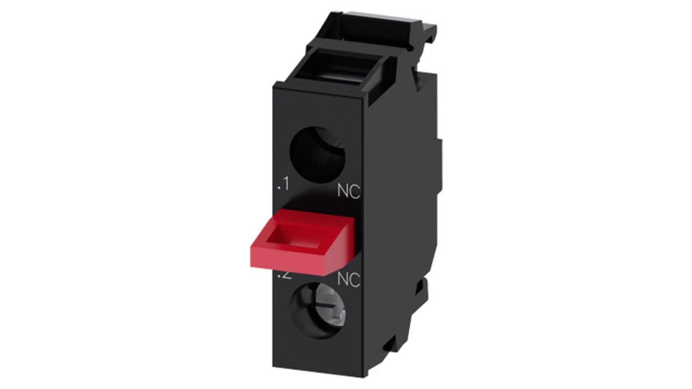 Blocco contatti Siemens 3SU1400-2AA10-1MA0, modulo NC per montaggio a pavimento, tensione 500 V, corrente 10 A.