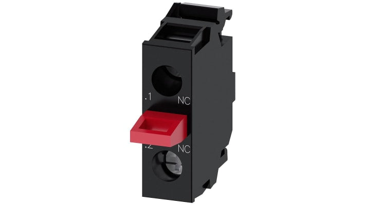 Blocco contatti Siemens 3SU1400-2AA10-1MA0, modulo NC per montaggio a pavimento, tensione 500 V, corrente 10 A.