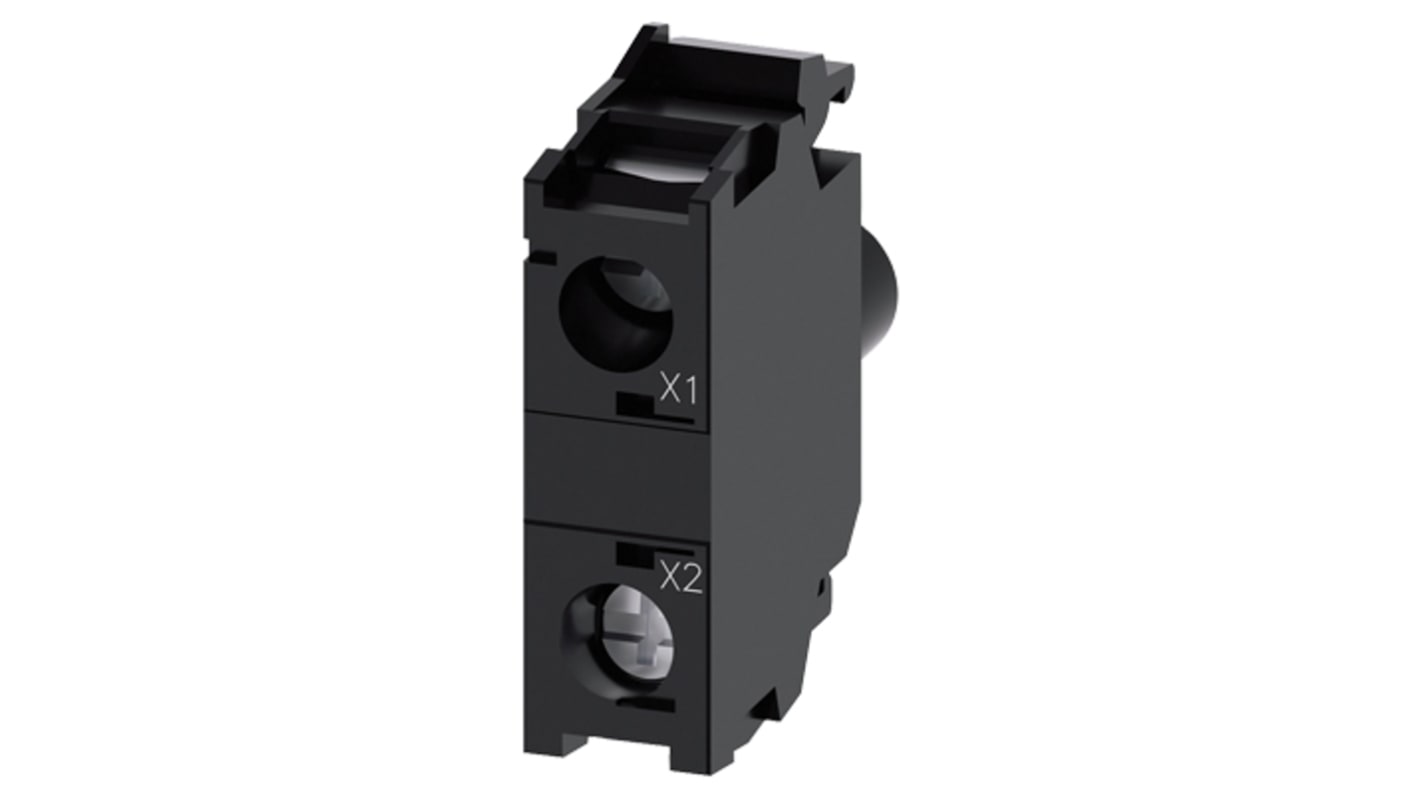 Blocco contatti luminoso Siemens 3SU1401-1BG60-1AA0, LED bianco, tensione 24V, montaggio su piastra frontale.