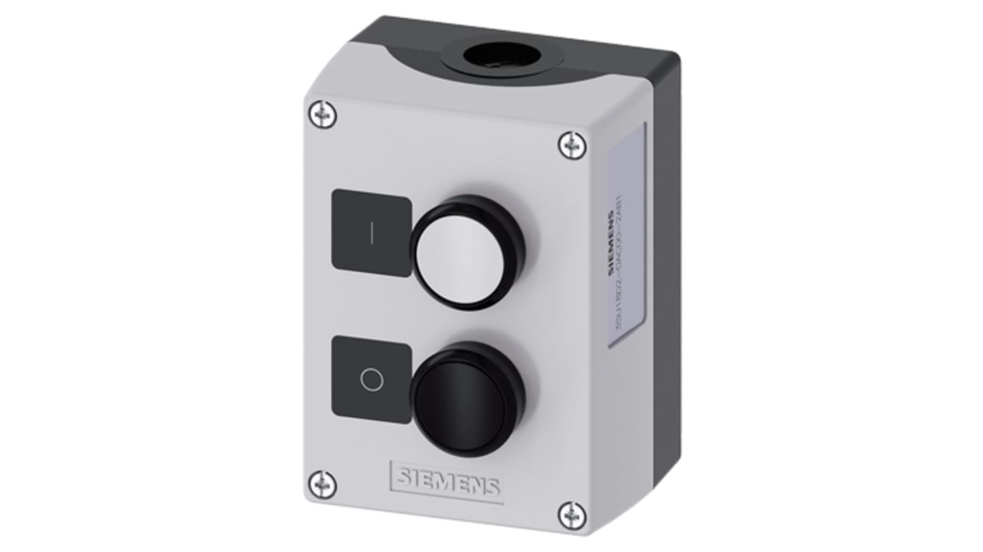 Scatola pulsante Siemens 3SU1802-0AC00-2AB1, rotonda, plastica grigia, IP66/IP67/IP69, montaggio a pavimento, dimensioni 85x75x114 mm.