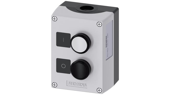 Scatola pulsante Siemens 3SU1802-0AC00-2AB1, rotonda, plastica grigia, IP66/IP67/IP69, montaggio a pavimento, dimensioni 85x75x114 mm.