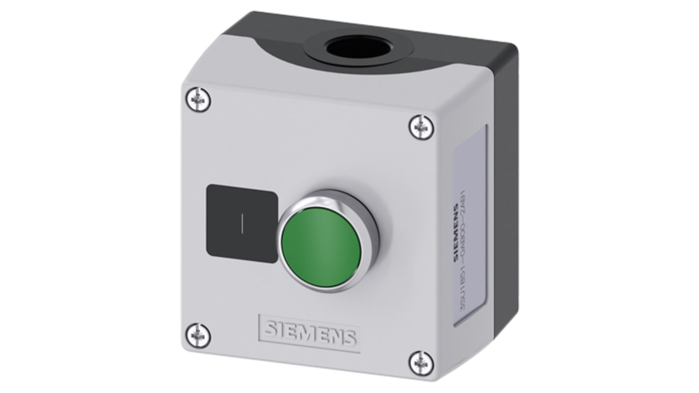Scatola pulsante Siemens 3SU1851-0AB00-2AB1, rotonda in metallo grigio, IP66/IP67/IP69, con pulsante verde, montaggio a pavimento.