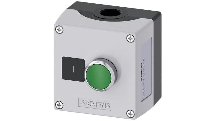 Scatola pulsante Siemens 3SU1851-0AB00-2AB1, rotonda in metallo grigio, IP66/IP67/IP69, con pulsante verde, montaggio a pavimento.