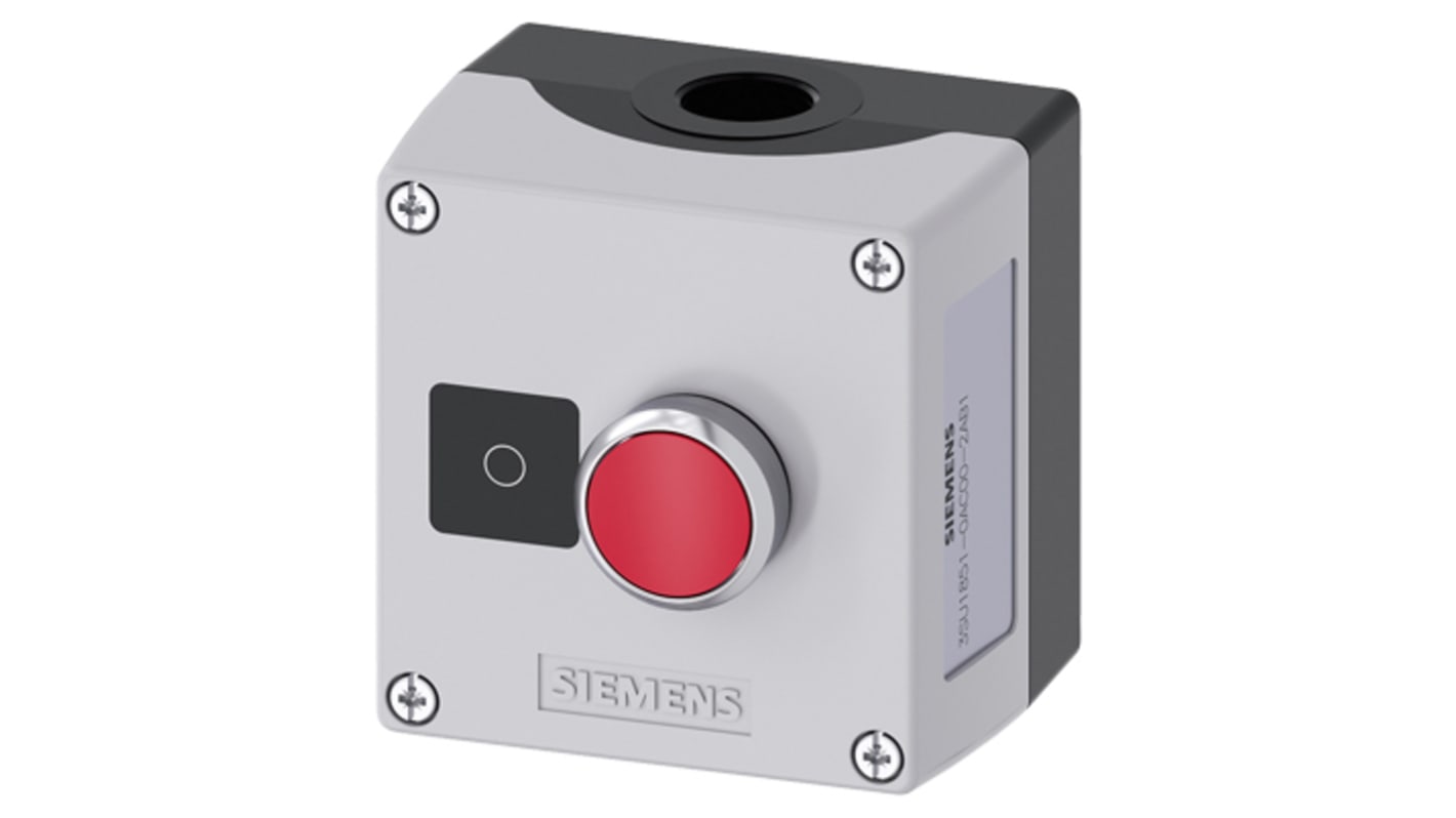 Scatola pulsante Siemens 3SU1851-0AC00-2AB1, IP66/IP67/IP69, 10A, 500V, con pulsante rosso, dimensioni 85x75x89.4mm.